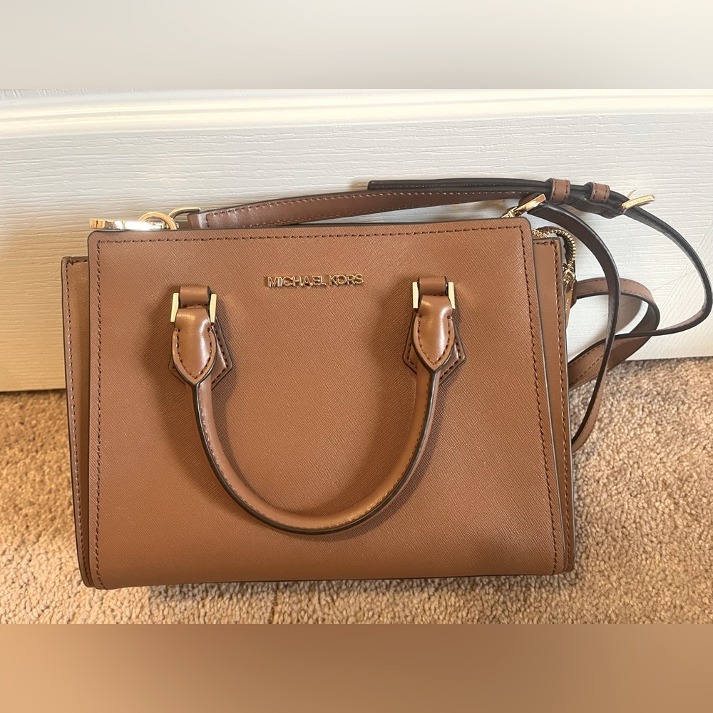 Marilyn Small Saffiano Leather Crossbody Bag in Caramel/Luggage Color